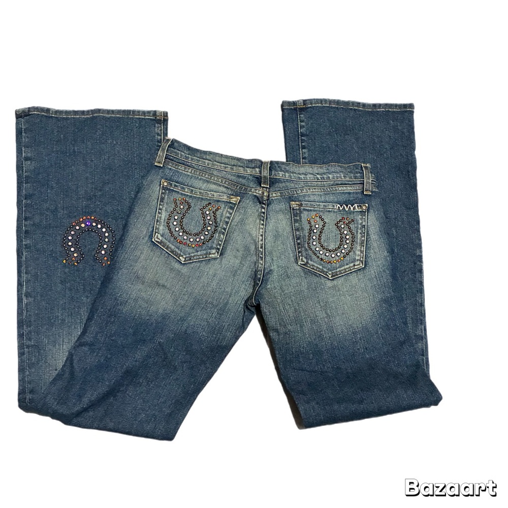 Y2K Texas Couture Low-Rise Blue Western Jeans Horseshoe Embellished Size 29X33”